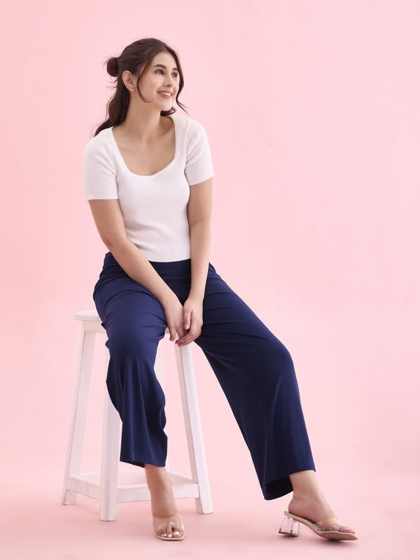 GO COLORS Women Solid Navy Knit Viscose Mid Rise Palazzos - L