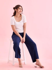GO COLORS Women Solid Navy Knit Viscose Mid Rise Palazzos - L