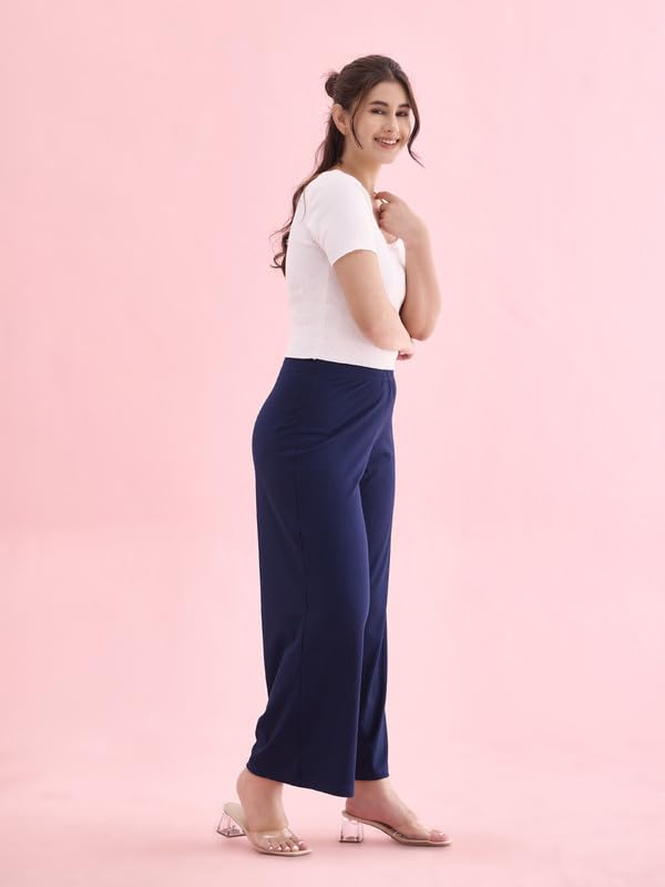 GO COLORS Women Solid Navy Knit Viscose Mid Rise Palazzos - L