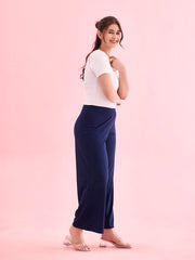 GO COLORS Women Solid Navy Knit Viscose Mid Rise Palazzos - L