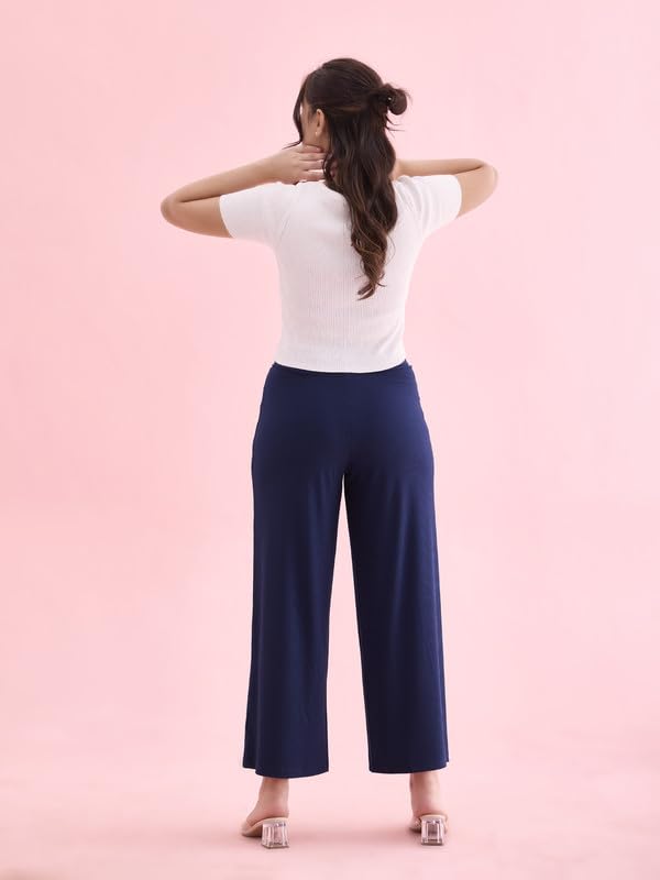 GO COLORS Women Solid Navy Knit Viscose Mid Rise Palazzos - L