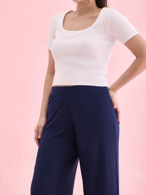 GO COLORS Women Solid Navy Knit Viscose Mid Rise Palazzos - L