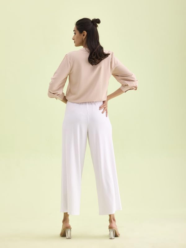GO COLORS Women Solid White Knit Viscose Mid Rise Palazzos - M