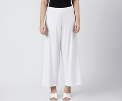 GO COLORS Women Solid White Knit Viscose Mid Rise Palazzos - M