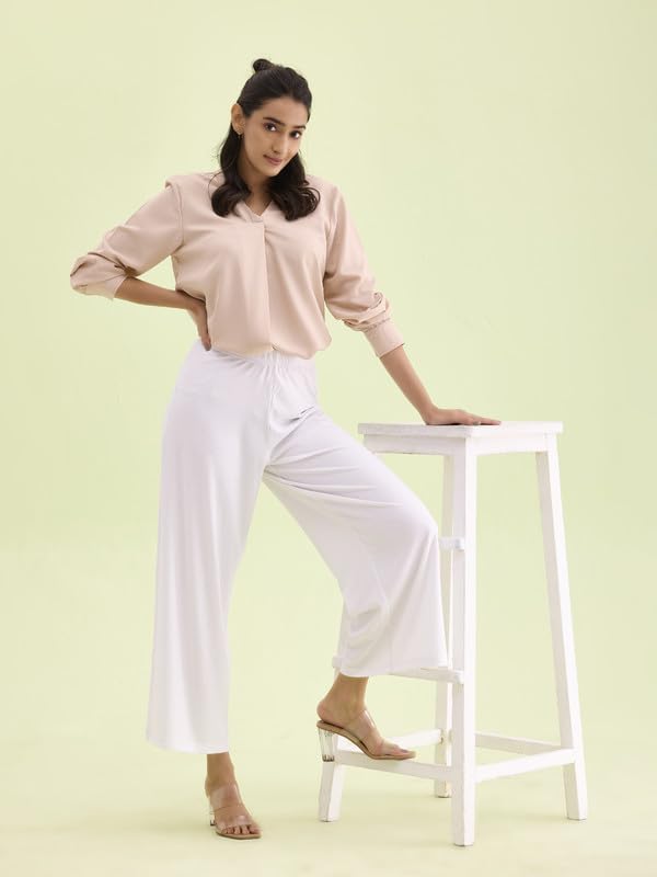 GO COLORS Women Solid White Knit Viscose Mid Rise Palazzos - M