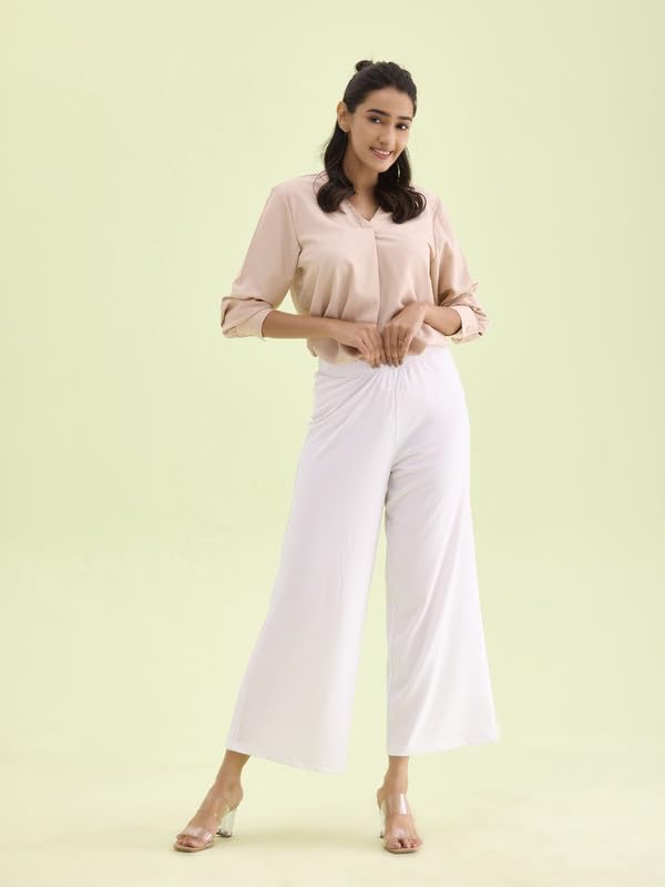 GO COLORS Women Solid White Knit Viscose Mid Rise Palazzos - M