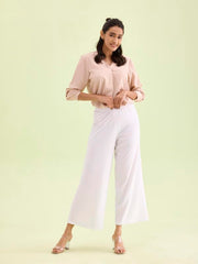 GO COLORS Women Solid White Knit Viscose Mid Rise Palazzos - M