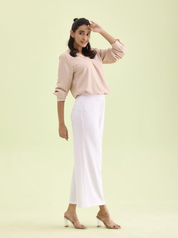 GO COLORS Women Solid White Knit Viscose Mid Rise Palazzos - M