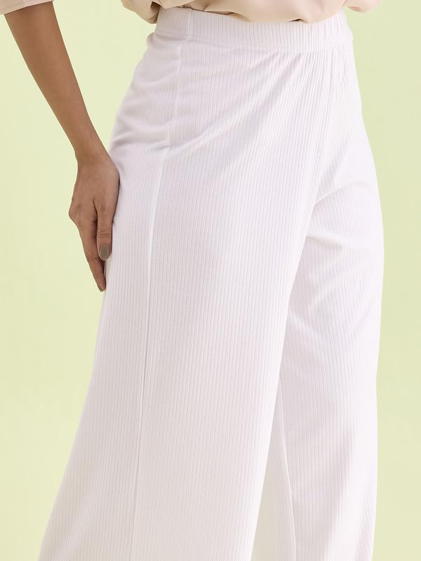 GO COLORS Women Solid White Knit Viscose Mid Rise Palazzos - M