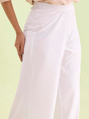GO COLORS Women Solid White Knit Viscose Mid Rise Palazzos - M