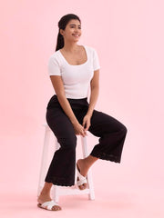 Go Colors Linen Lace Palazzo for Women | Relaxed Fit, Mid Rise, Pockets, Black_LPZ8-BLACK73L-2X_Black_2XL