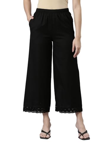 Go Colors Linen Lace Palazzo for Women | Relaxed Fit, Mid Rise, Pockets, Black_LPZ8-BLACK73L-2X_Black_2XL