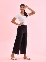 Go Colors Linen Lace Palazzo for Women | Relaxed Fit, Mid Rise, Pockets, Black_LPZ8-BLACK73L-2X_Black_2XL