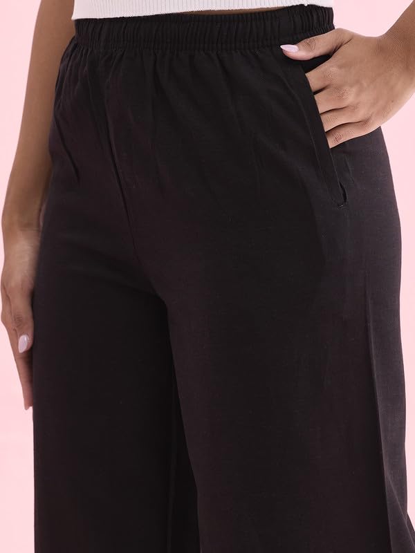 Go Colors Linen Lace Palazzo for Women | Relaxed Fit, Mid Rise, Pockets, Black_LPZ8-BLACK73L-2X_Black_2XL