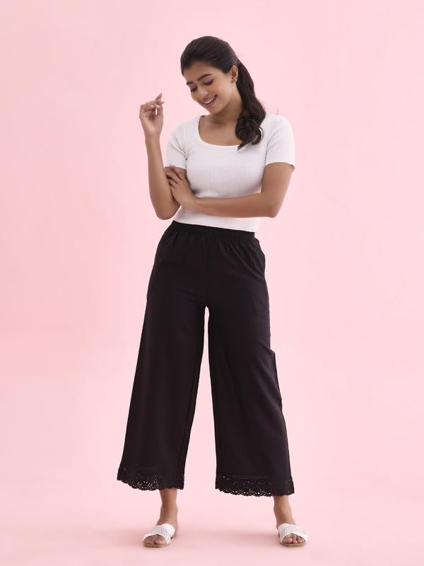 Go Colors Linen Lace Palazzo for Women | Relaxed Fit, Mid Rise, Pockets, Black_LPZ8-BLACK73L-2X_Black_2XL