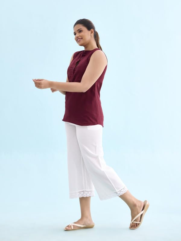 GO COLORS Womens' Solid White Mid Rise Linen Wide Pant