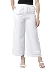 GO COLORS Womens' Solid White Mid Rise Linen Wide Pant