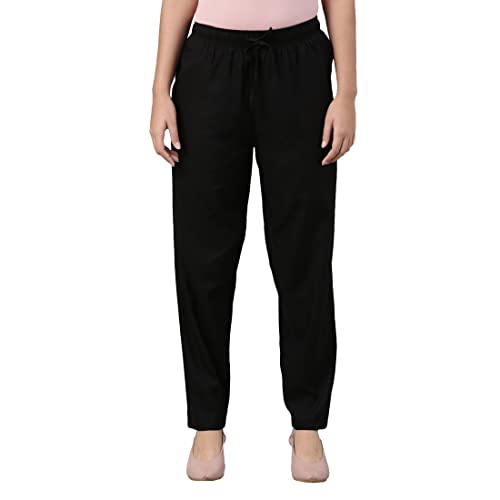 GO COLORS Womens' Solid Black Mid Rise Woven Viscose Casual Pants