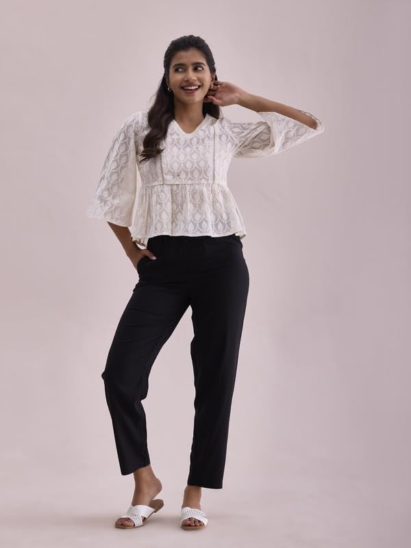 GO COLORS Womens' Solid Black Mid Rise Woven Viscose Casual Pants
