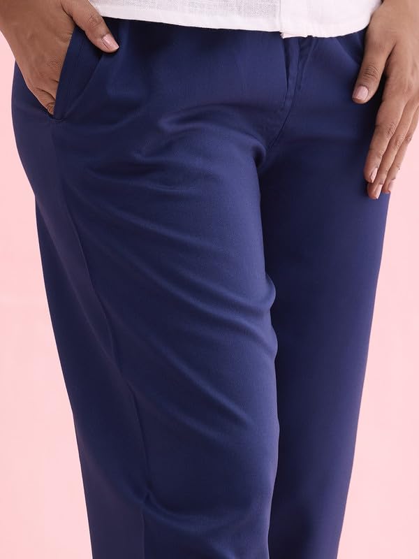 GO COLORS Womens' Solid Navy Mid Rise Woven Viscose Relaxed Fit Casual Pants