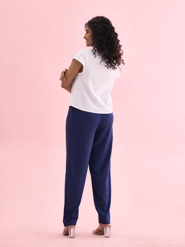 GO COLORS Womens' Solid Navy Mid Rise Woven Viscose Relaxed Fit Casual Pants
