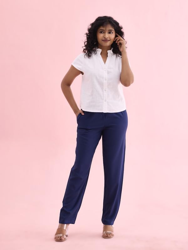 GO COLORS Womens' Solid Navy Mid Rise Woven Viscose Relaxed Fit Casual Pants