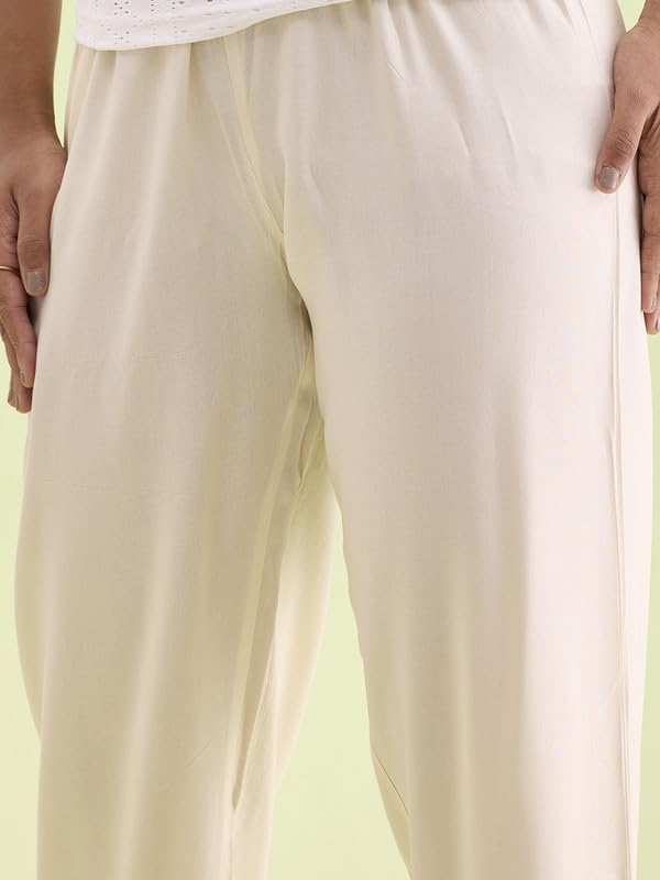 GO COLORS Womens' Solid Ecru Mid Rise Woven Viscose Casual Pants