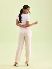 GO COLORS Womens' Solid Ecru Mid Rise Woven Viscose Casual Pants