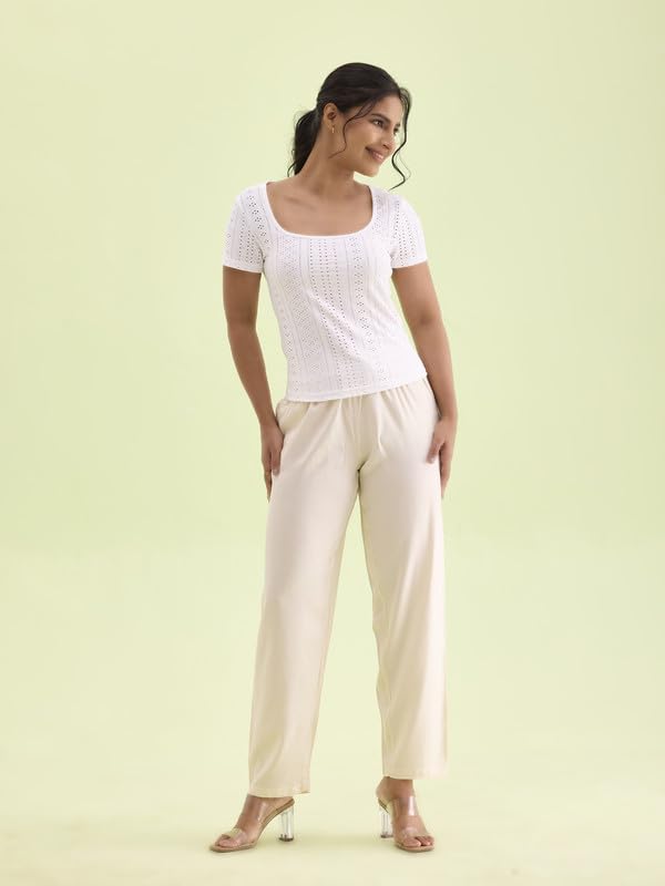 GO COLORS Womens' Solid Ecru Mid Rise Woven Viscose Casual Pants