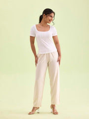 GO COLORS Womens' Solid Ecru Mid Rise Woven Viscose Casual Pants