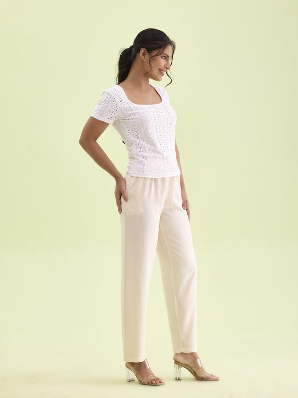 GO COLORS Womens' Solid Ecru Mid Rise Woven Viscose Casual Pants
