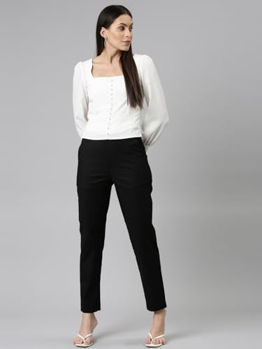GO COLORS Women Solid Tapered Fit Chino Pants, Mid Rise, Black_8905344123519_Black_2XL