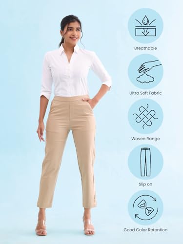 Go Colors Women Solid Tapered Fit Chino Pants, Mid Rise, Light Beige_8905344123618_Beige_2XL
