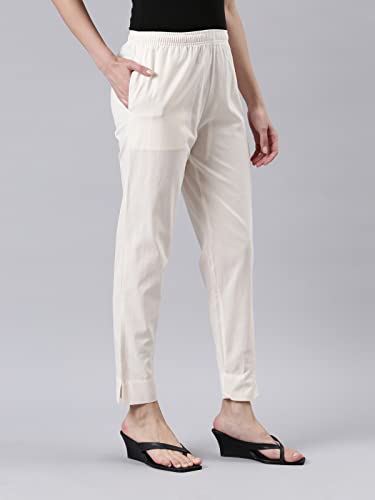 GO COLORS Women Solid Cream Cotton Pencil Pant