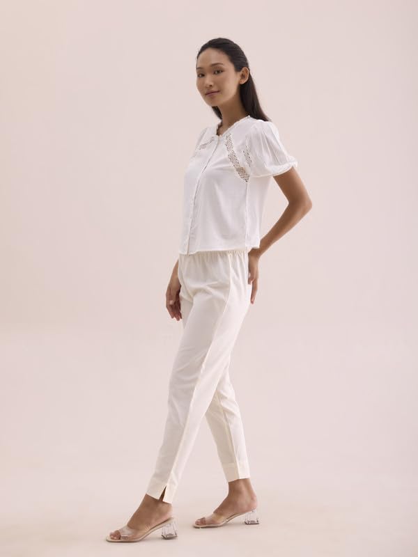 GO COLORS Women Solid Cream Cotton Pencil Pant