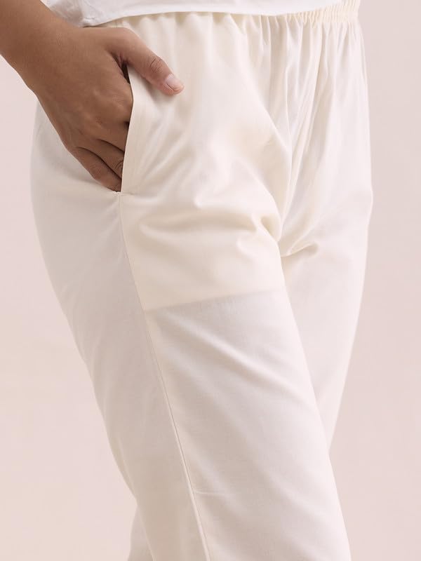 GO COLORS Women Solid Cream Cotton Pencil Pant