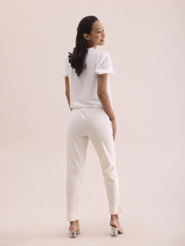GO COLORS Women Solid Cream Cotton Pencil Pant