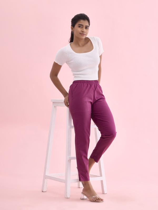 GO COLORS Women Solid Dark Wine MID Rise Relaxed fit Cotton Pencil Pant