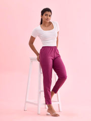 GO COLORS Women Solid Dark Wine MID Rise Relaxed fit Cotton Pencil Pant