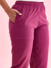 GO COLORS Women Solid Dark Wine MID Rise Relaxed fit Cotton Pencil Pant
