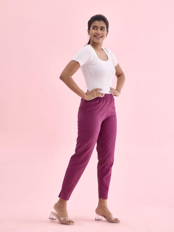 GO COLORS Women Solid Dark Wine MID Rise Relaxed fit Cotton Pencil Pant