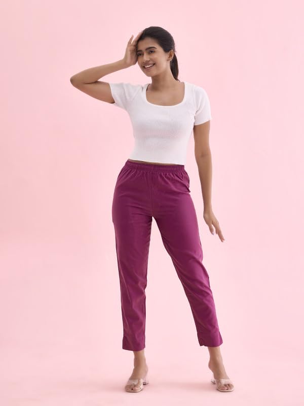 GO COLORS Women Solid Dark Wine MID Rise Relaxed fit Cotton Pencil Pant