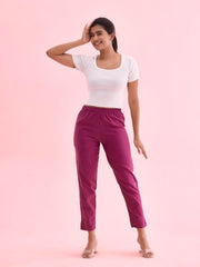 GO COLORS Women Solid Dark Wine MID Rise Relaxed fit Cotton Pencil Pant