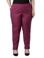 GO COLORS Women Solid Dark Wine MID Rise Relaxed fit Cotton Pencil Pant