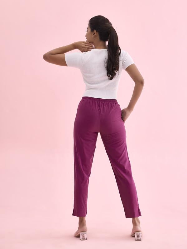 GO COLORS Women Solid Dark Wine MID Rise Relaxed fit Cotton Pencil Pant