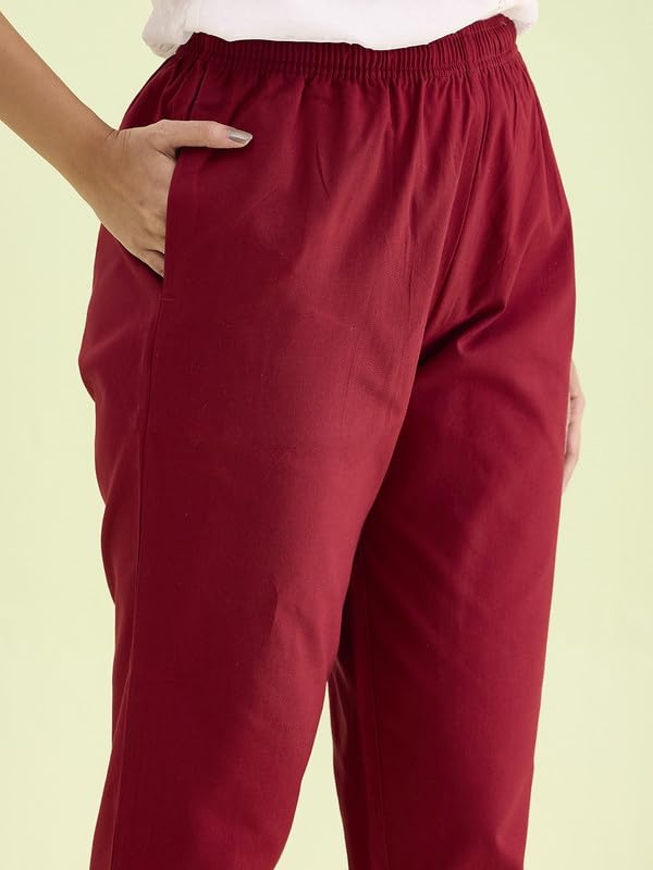 GO COLORS Women Solid Maroon Cotton Pencil Pant
