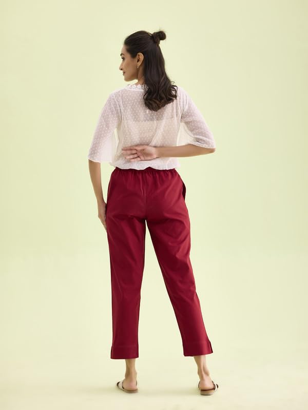 GO COLORS Women Solid Maroon Cotton Pencil Pant