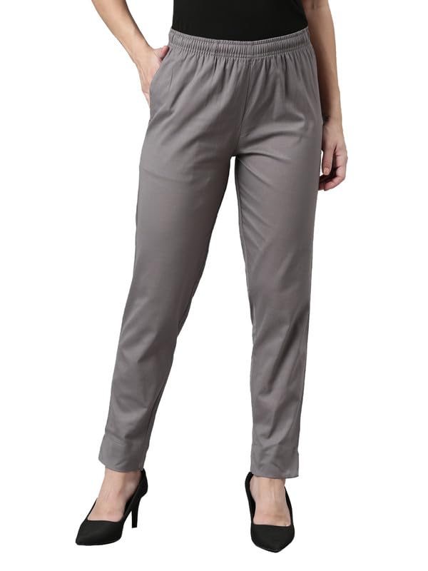 GO COLORS Women Solid Medium Grey MID Rise Relaxed fit Cotton Pencil Pant
