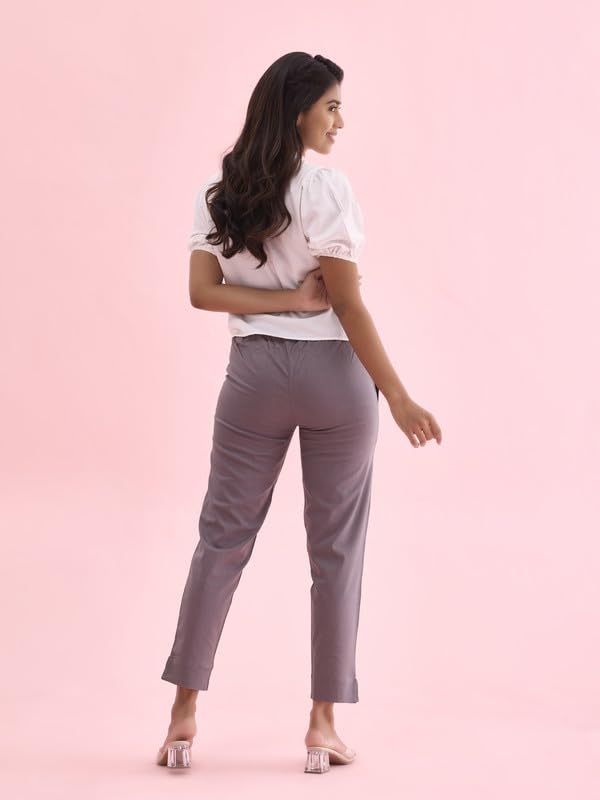 GO COLORS Women Solid Medium Grey MID Rise Relaxed fit Cotton Pencil Pant