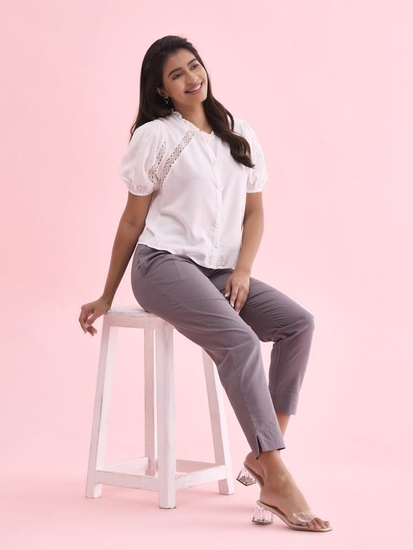 GO COLORS Women Solid Medium Grey MID Rise Relaxed fit Cotton Pencil Pant